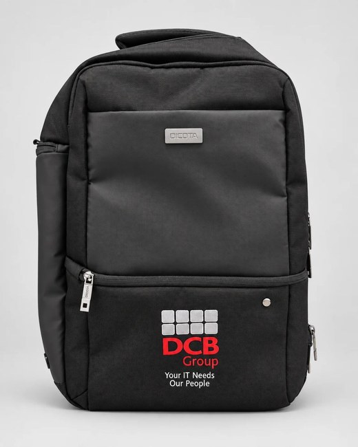 Black DICOTA backpack embroidered with the DCB Group logo